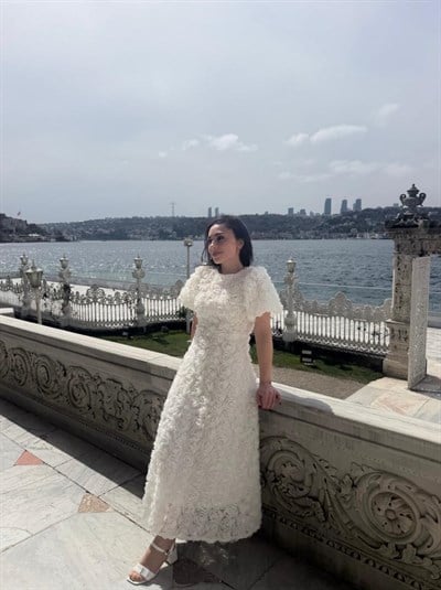 Gül Tasarım Balon Kol Elbise Beyaz