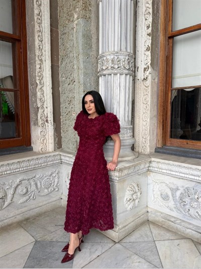 Gül Tasarım Balon Kol Elbise Bordo