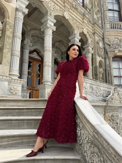 Gül Tasarım Balon Kol Elbise Bordo