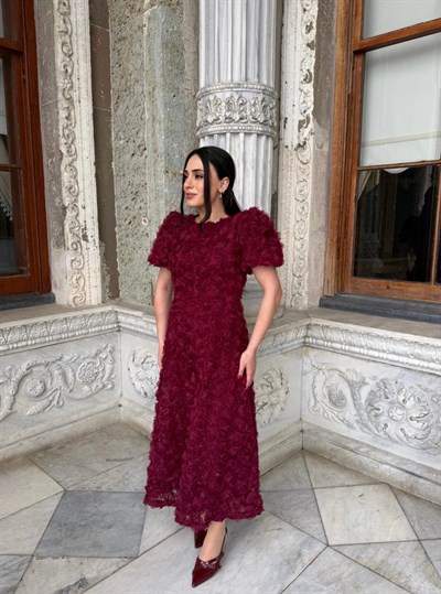 Gül Tasarım Balon Kol Elbise Bordo