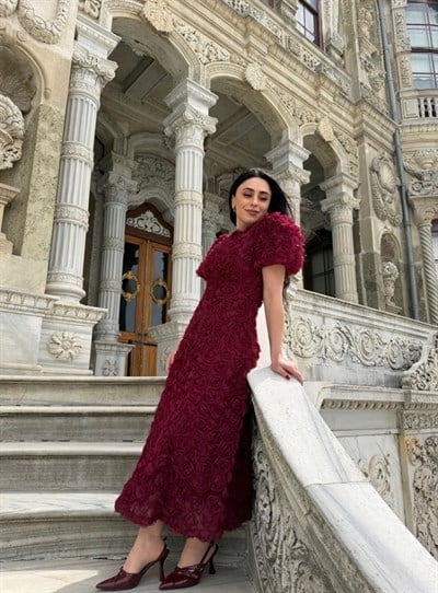 Gül Tasarım Balon Kol Elbise Bordo