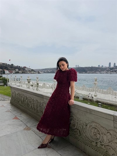 Gül Tasarım Balon Kol Elbise Bordo