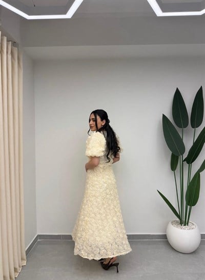 Gül Tasarım Balon Kol Elbise Ekru