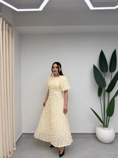 Gül Tasarım Balon Kol Elbise Ekru