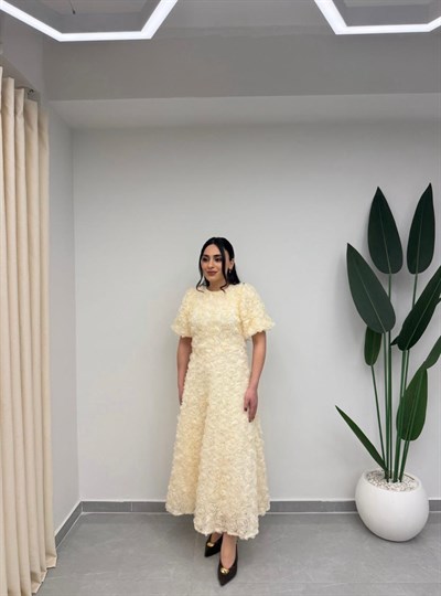 Gül Tasarım Balon Kol Elbise Ekru