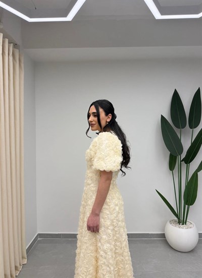 Gül Tasarım Balon Kol Elbise Ekru