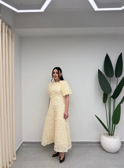 Gül Tasarım Balon Kol Elbise Ekru