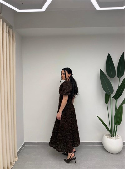 Gül Tasarım Balon Kol Elbise Kahve