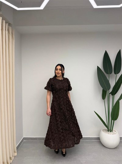 Gül Tasarım Balon Kol Elbise Kahve