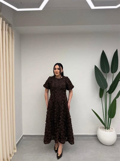 Gül Tasarım Balon Kol Elbise Kahve