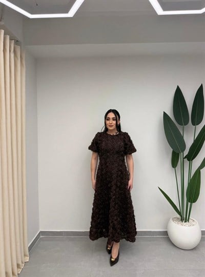 Gül Tasarım Balon Kol Elbise Kahve