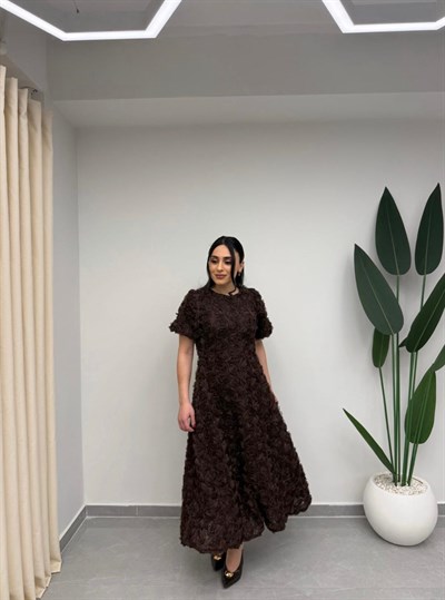 Gül Tasarım Balon Kol Elbise Kahve