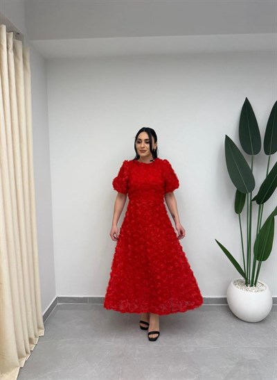 Gül Tasarım Balon Kol Elbise Kırmızı