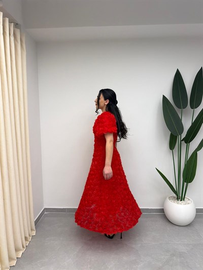 Gül Tasarım Balon Kol Elbise Kırmızı