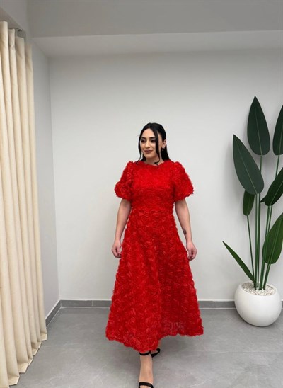 Gül Tasarım Balon Kol Elbise Kırmızı