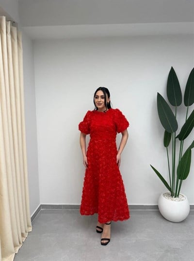 Gül Tasarım Balon Kol Elbise Kırmızı