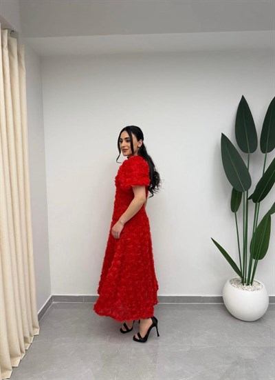 Gül Tasarım Balon Kol Elbise Kırmızı