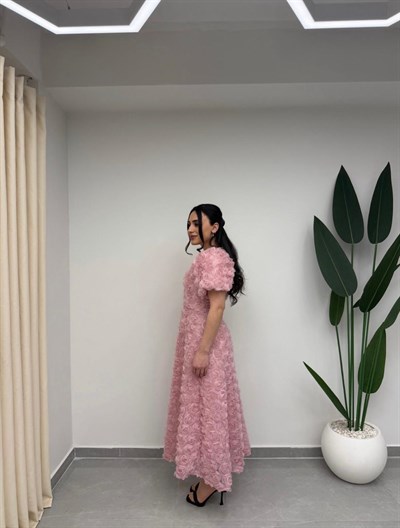 Gül Tasarım Balon Kol Elbise Pudra