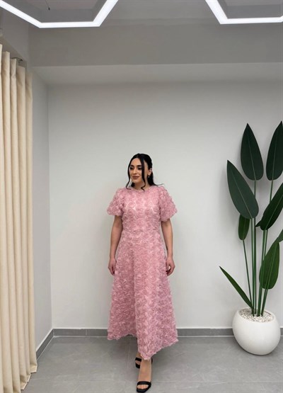 Gül Tasarım Balon Kol Elbise Pudra