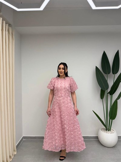 Gül Tasarım Balon Kol Elbise Pudra