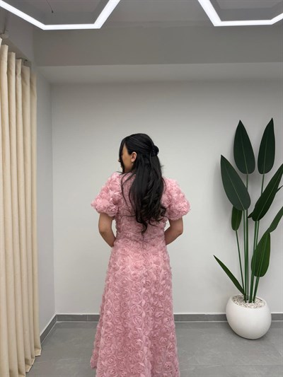 Gül Tasarım Balon Kol Elbise Pudra