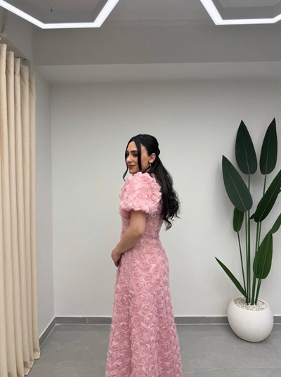 Gül Tasarım Balon Kol Elbise Pudra