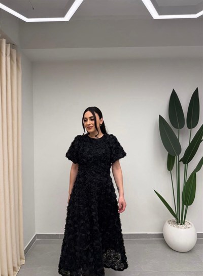 Gül Tasarım Balon Kol Elbise Siyah