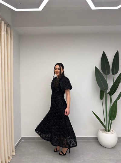 Gül Tasarım Balon Kol Elbise Siyah