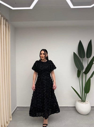 Gül Tasarım Balon Kol Elbise Siyah