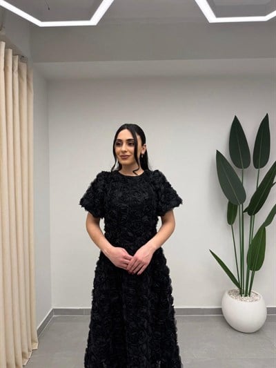 Gül Tasarım Balon Kol Elbise Siyah