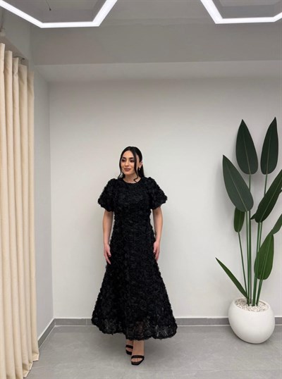 Gül Tasarım Balon Kol Elbise Siyah