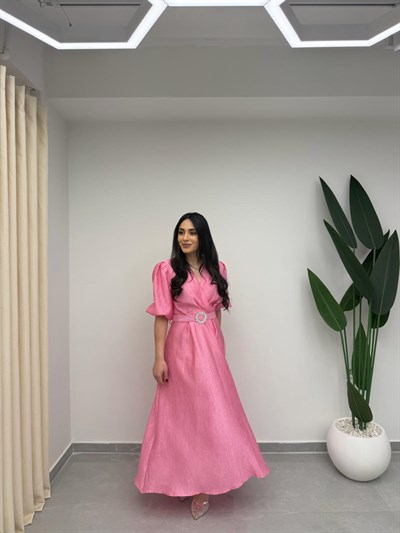 Işıltılı Kemerli Kruvaze Elbise Pembe