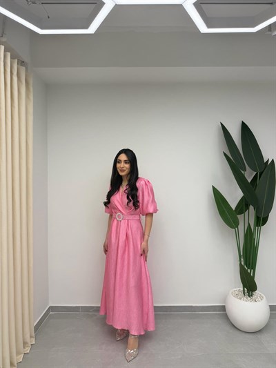 Işıltılı Kemerli Kruvaze Elbise Pembe