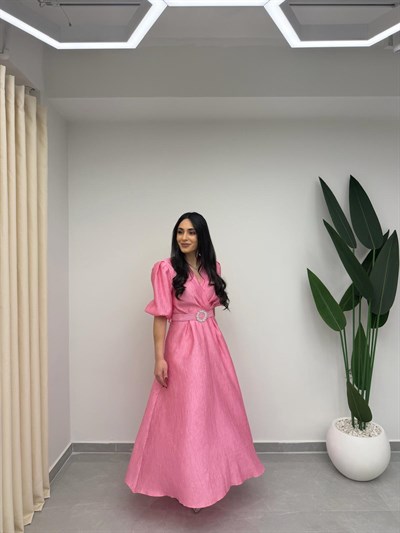 Işıltılı Kemerli Kruvaze Elbise Pembe