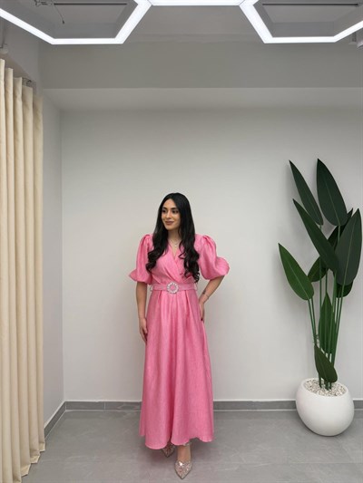 Işıltılı Kemerli Kruvaze Elbise Pembe