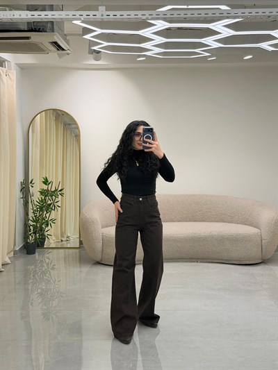 Kahverengi Wide Leg Yüksek Bel Jean Pantolon