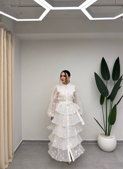 Kat Kat Volanlı Elbise Beyaz