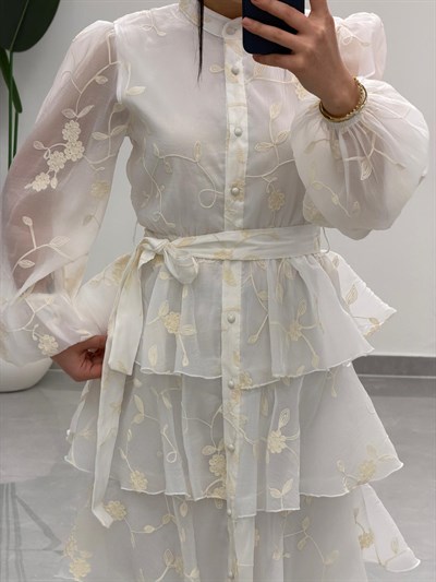 Kat Kat Volanlı Elbise Beyaz