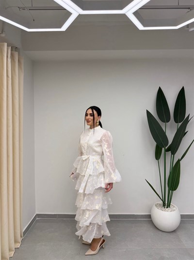 Kat Kat Volanlı Elbise Beyaz