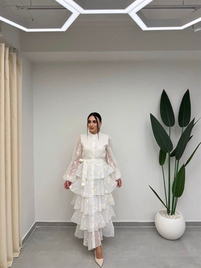 Kat Kat Volanlı Elbise Beyaz