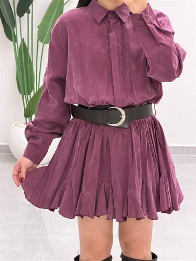 Kemer Detaylı Piliseli Tensel Mini Elbise Mürdüm