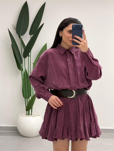 Kemer Detaylı Piliseli Tensel Mini Elbise Mürdüm