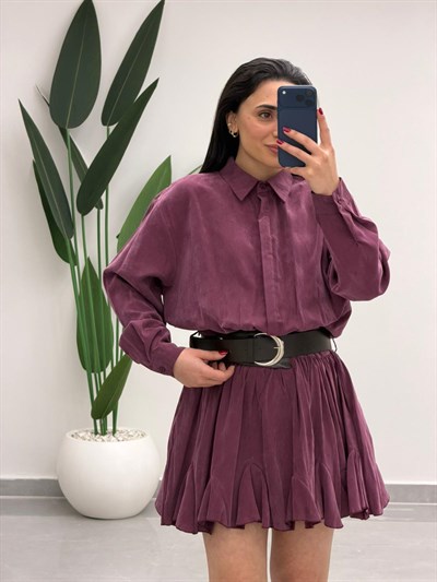 Kemer Detaylı Piliseli Tensel Mini Elbise Mürdüm