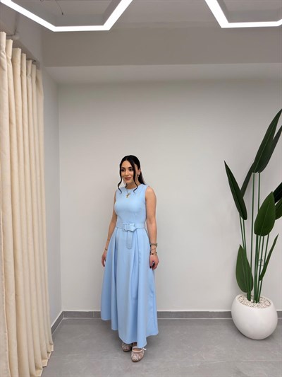 Kolsuz Kemerli Elbise Mavi