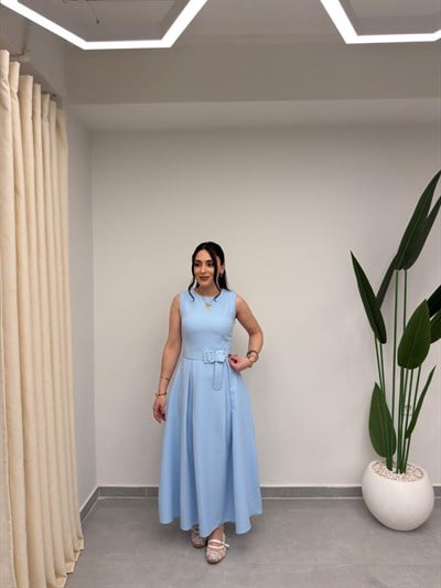 Kolsuz Kemerli Elbise Mavi
