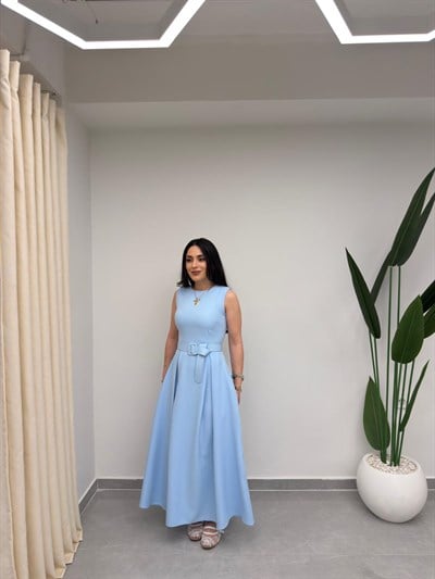 Kolsuz Kemerli Elbise Mavi