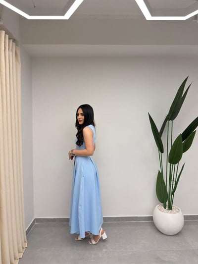 Kolsuz Kemerli Elbise Mavi