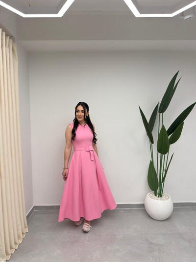 Kolsuz Kemerli Elbise Pembe