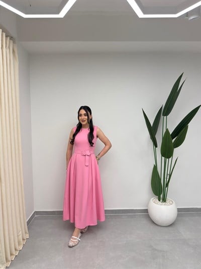 Kolsuz Kemerli Elbise Pembe