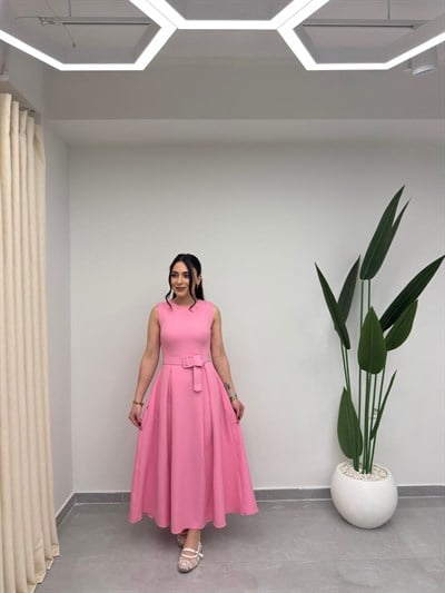 Kolsuz Kemerli Elbise Pembe